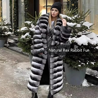 Damen Mantel Lang Pelzoptik Gestreift Grau Schwarz Winter Elegant