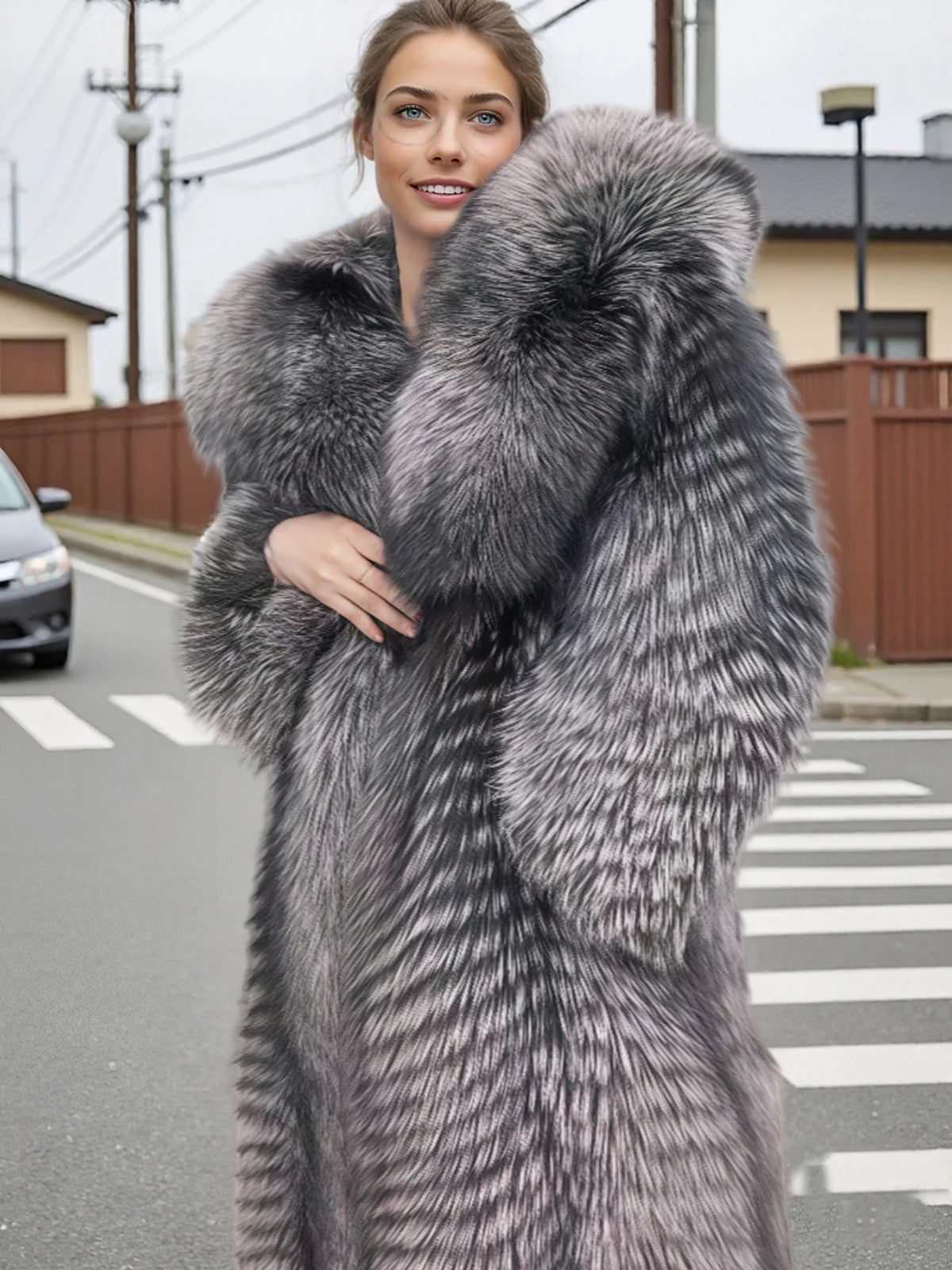 Damen Langer Pelzmantel mit Kapuze Grau/Silber Optik