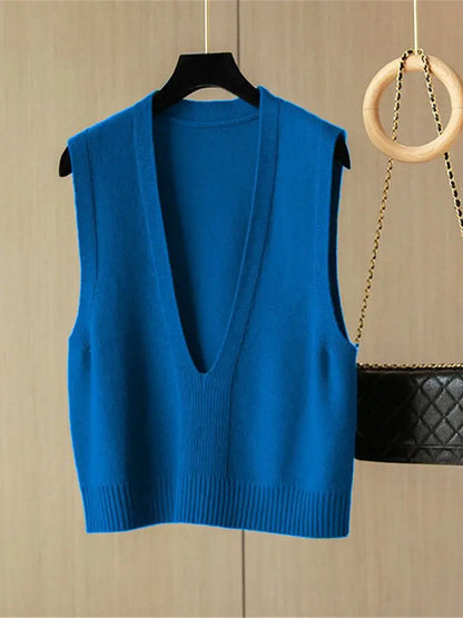 Damen Strickweste Pullover Weste V-Ausschnitt Ärmellos Kurzer Schnitt