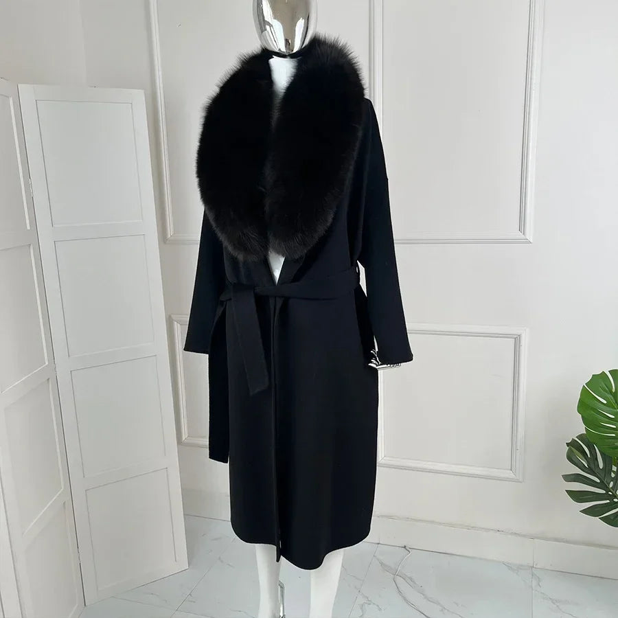 Damen Mantel Schwarz mit Großem Kunstpelz Kragen Bindegürtel Midi-Länge