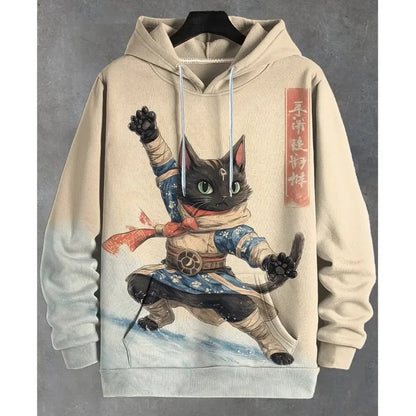 Hoodie mit Katzen-Print Kampfkunst-Motiv Beige Unisex Kapuzenpullover Kängurutasche