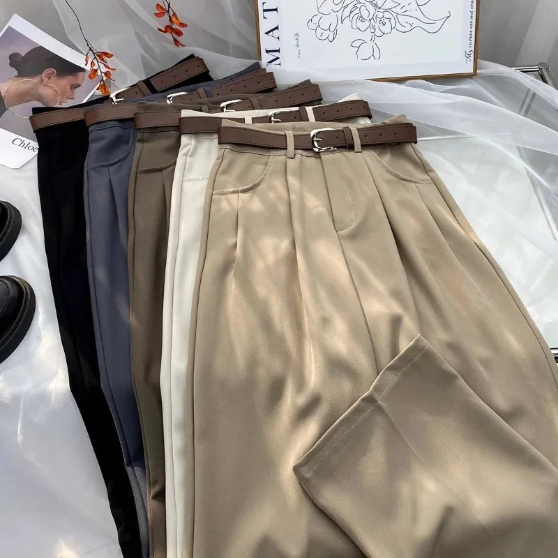 Damen Stoffhose Weites Bein mit Gürtel – Elegante Plissee Hose Hochbund