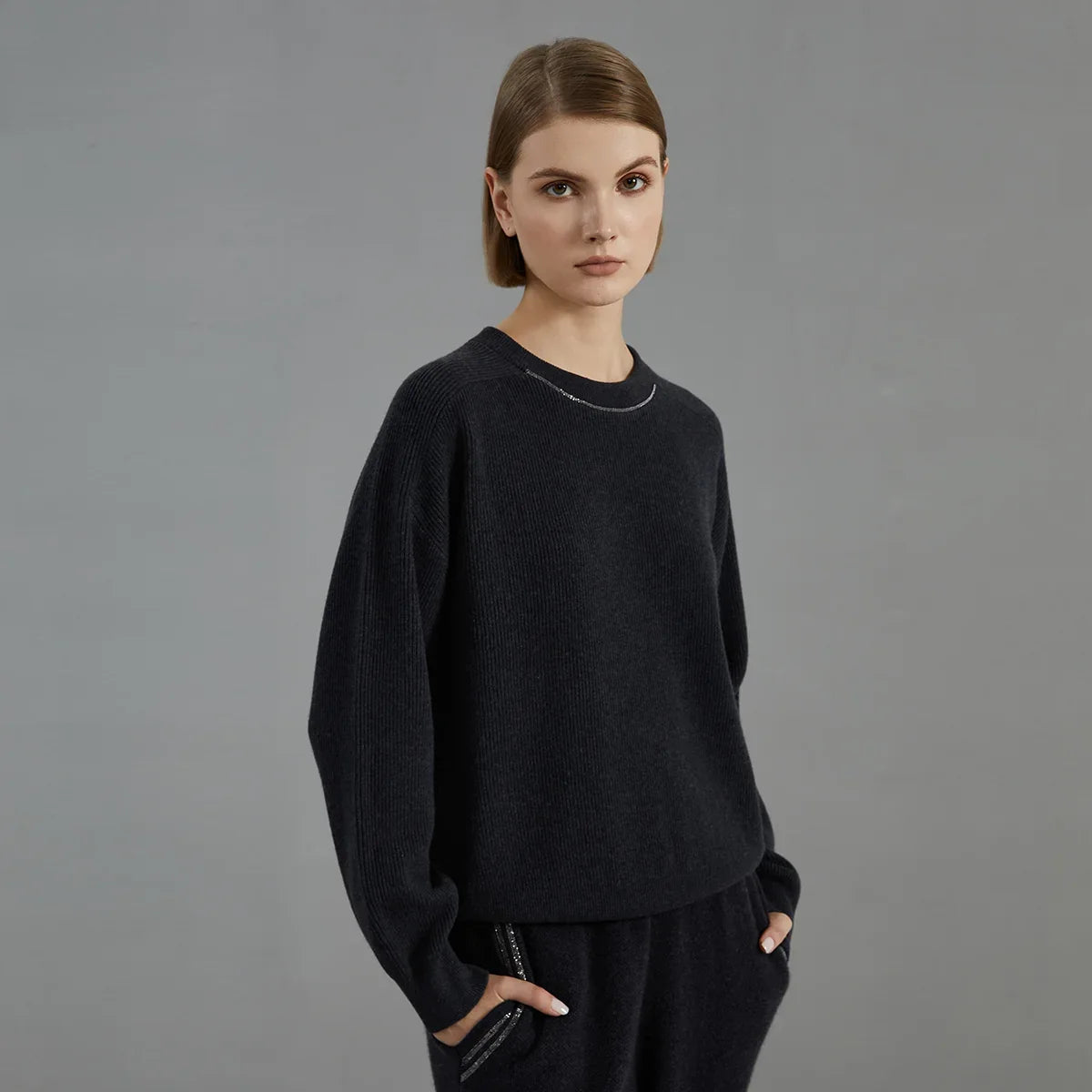 Damen Rundhals Pullover Gerippt mit Ziernaht