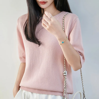 Damen Kurzarm Strickpullover Rundhals Weich Strickshirt
