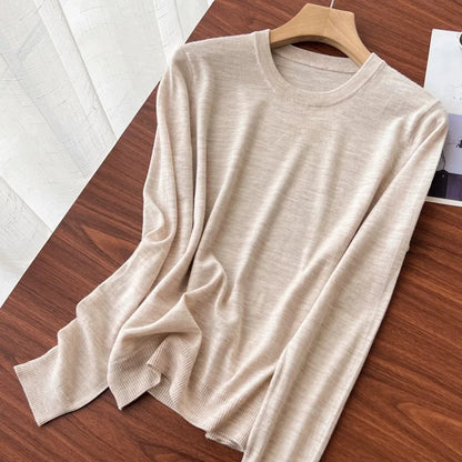 Damen Rundhals Pullover Langarm Feinstrick Basic Shirt Mehrfarbig