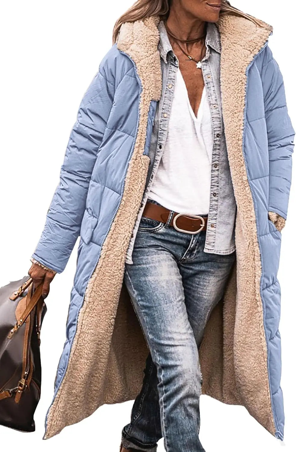 Damen Steppmantel Lang Winter Daunen-Optik mit Teddyfutter Kapuze
