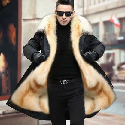 Herren Winterparka Schwarz mit Plüschfutter und Pelzbesatz Kapuze