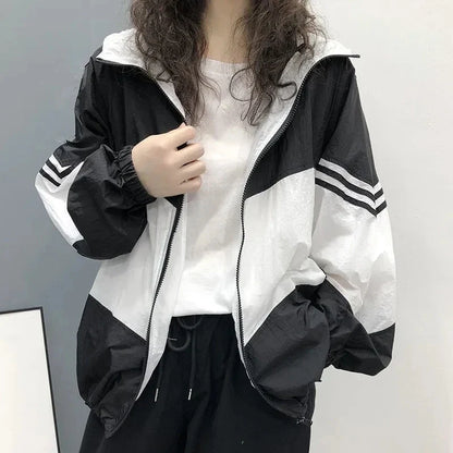 Damen Windjacke mit Kapuze, Farbig Gestreift