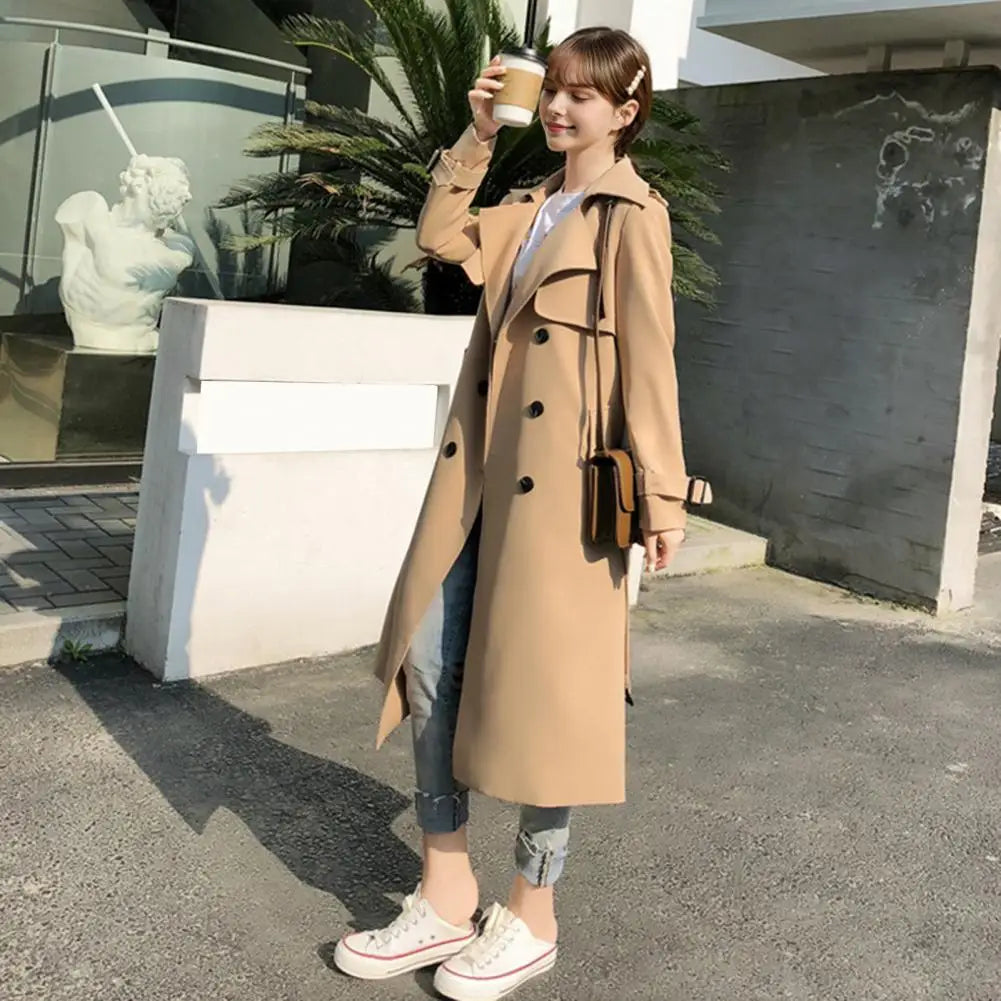 Damen Trenchcoat Lang Zweireihig Mit Gürtel und Reverskragen