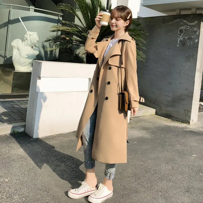 Damen Trenchcoat Lang Zweireihig Mit Gürtel und Reverskragen