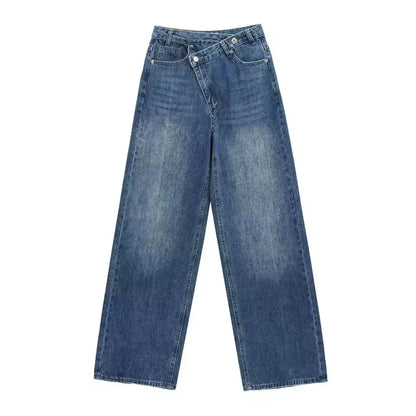 Damen Jeans Asymmetrischer Verschluss Hohe Taille Weites Bein