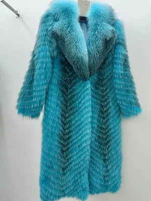 Damen Langer Mantel aus Kunstfell mit Chevron-Muster und Kragen