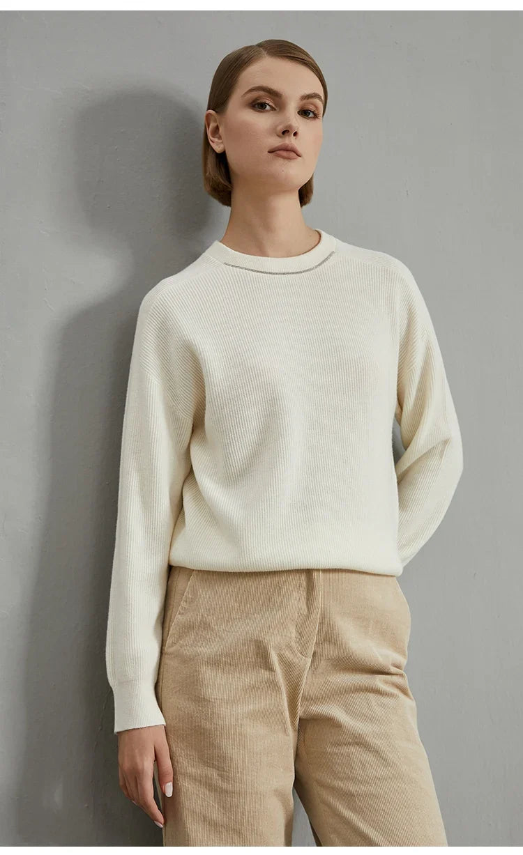 Damen Rundhals Pullover Gerippt mit Ziernaht