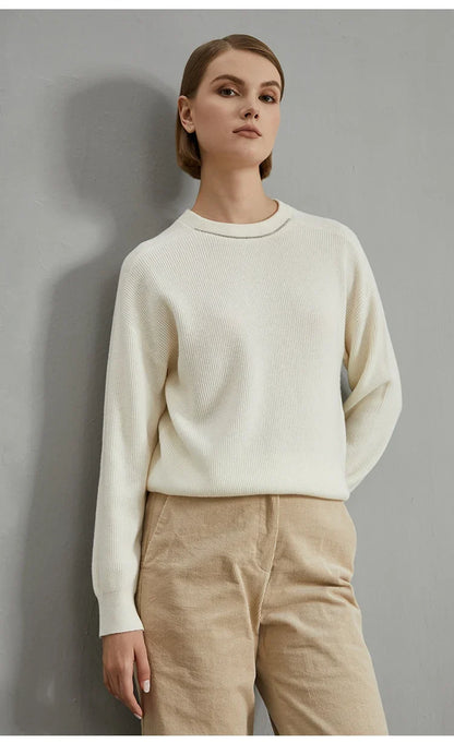 Damen Rundhals Pullover Gerippt mit Ziernaht