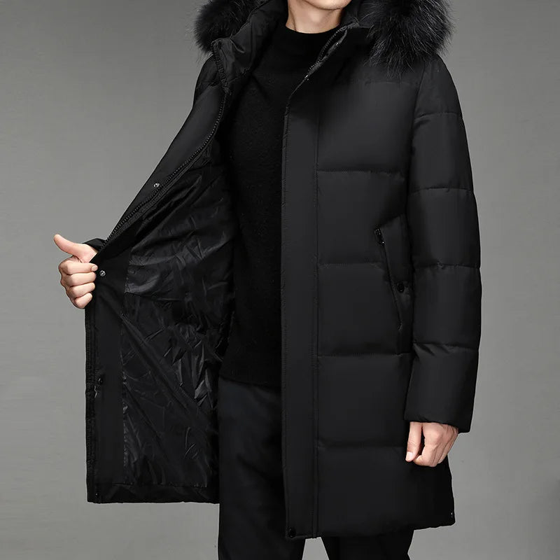 Herren Winterparka Schwarz mit Kapuze und Pelzbesatz