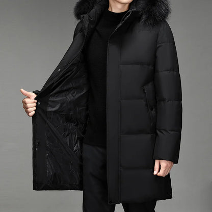 Herren Winterparka Schwarz mit Kapuze und Pelzbesatz