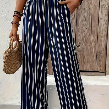 Damen Culotte Hose gestreift mit weitem Bein und Gummizugbund