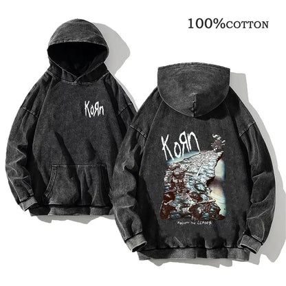 Unisex Kapuzenpullover Grau verwaschen mit Band-Print Vorn & Hinten