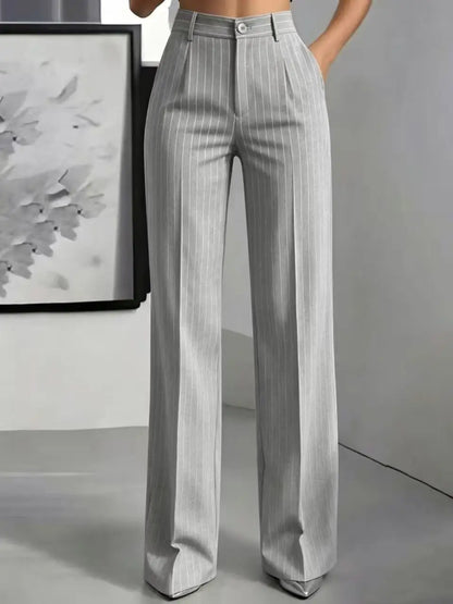 Damen High-Waist Stoffhose mit weitem Bein und Nadelstreifen