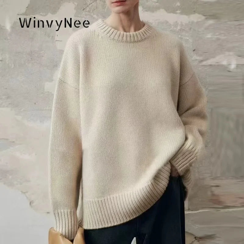 Damen Oversize Strickpullover Rundhals Langarm Rippbündchen