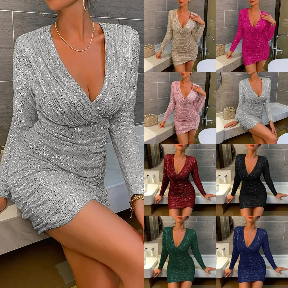 Damen Partykleid mit Pailletten und tiefem V-Ausschnitt – Elegantes Minikleid für besondere Anlässe