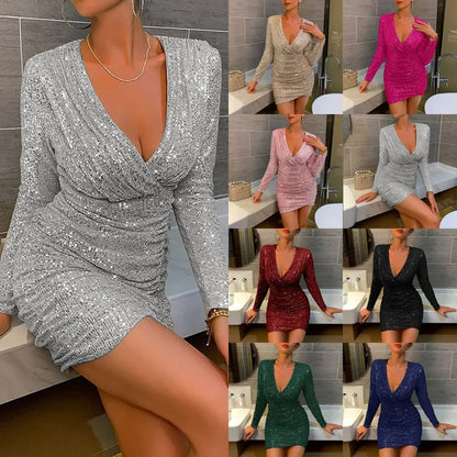 Damen Partykleid mit Pailletten und tiefem V-Ausschnitt – Elegantes Minikleid für besondere Anlässe