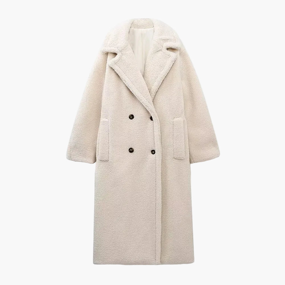 Damen Teddy-Mantel mit Doppelreiher – Eleganter Winter-Look, Langer Kuschel-Pelz, Urban Style
