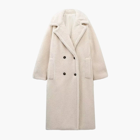Damen Teddy-Mantel mit Doppelreiher – Eleganter Winter-Look, Langer Kuschel-Pelz, Urban Style