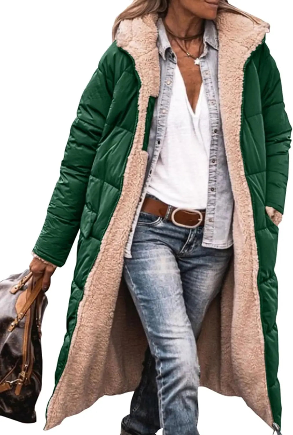 Damen Steppmantel Lang Winter Daunen-Optik mit Teddyfutter Kapuze