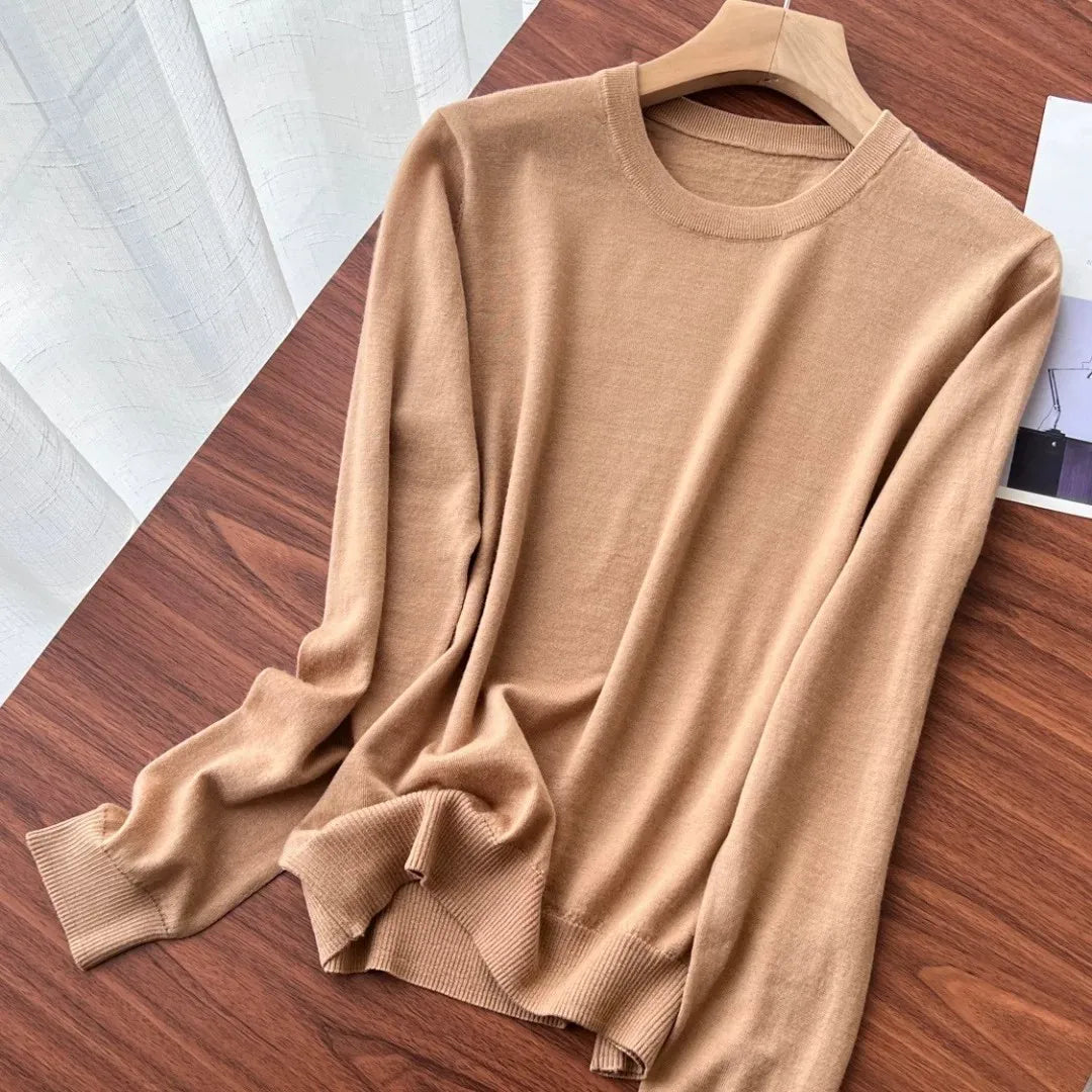 Damen Rundhals Pullover Langarm Feinstrick Basic Shirt Mehrfarbig