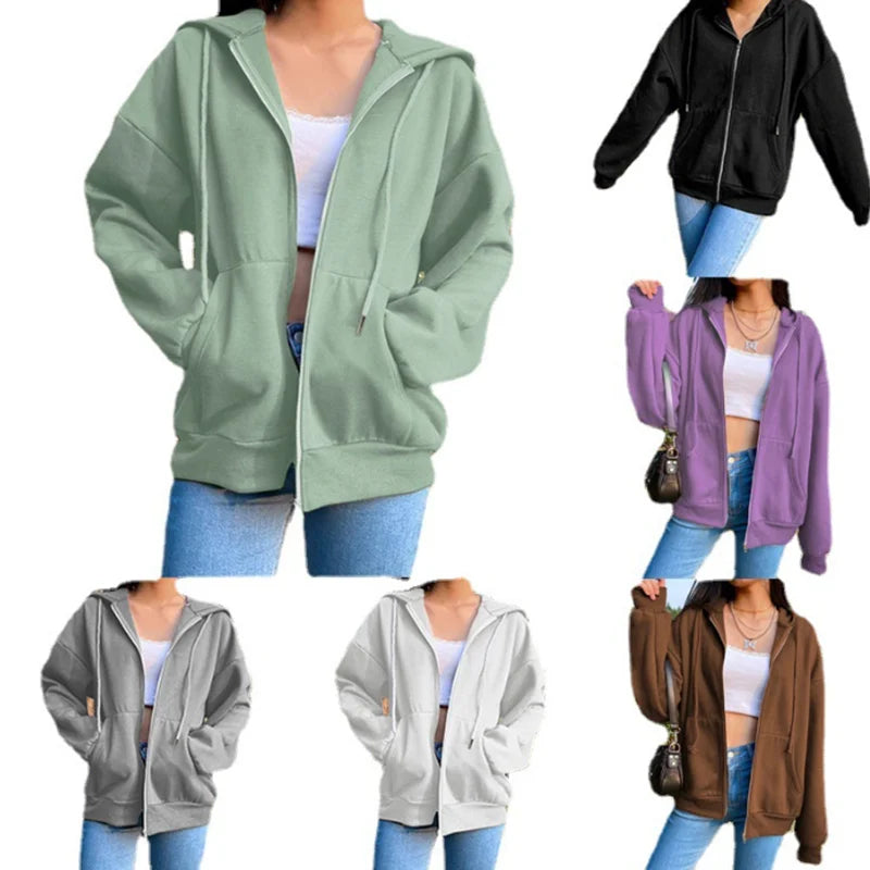 Damen Hoodie mit Reißverschluss & Kapuze - Langarm, Unifarben