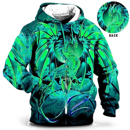 Unisex Kapuzenpullover mit Drachen-Motiv, grafischem Muster und Kordelzug