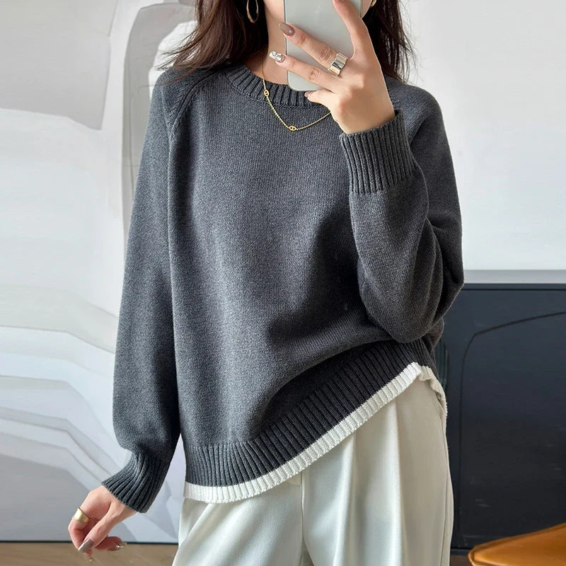 Damen Pullover Rundhalsausschnitt Langarm Strickpullover Rippbündchen
