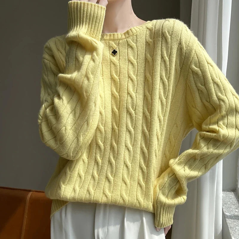 Damen Strickpullover Zopfmuster Rundhals Langarm