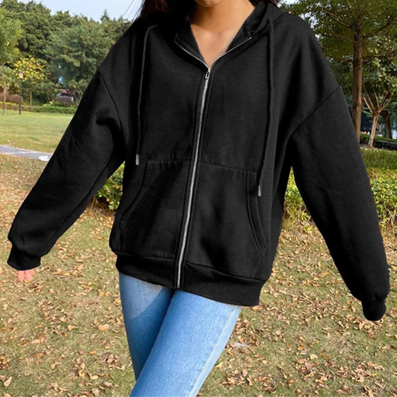 Damen Hoodie mit Reißverschluss & Kapuze - Langarm, Unifarben