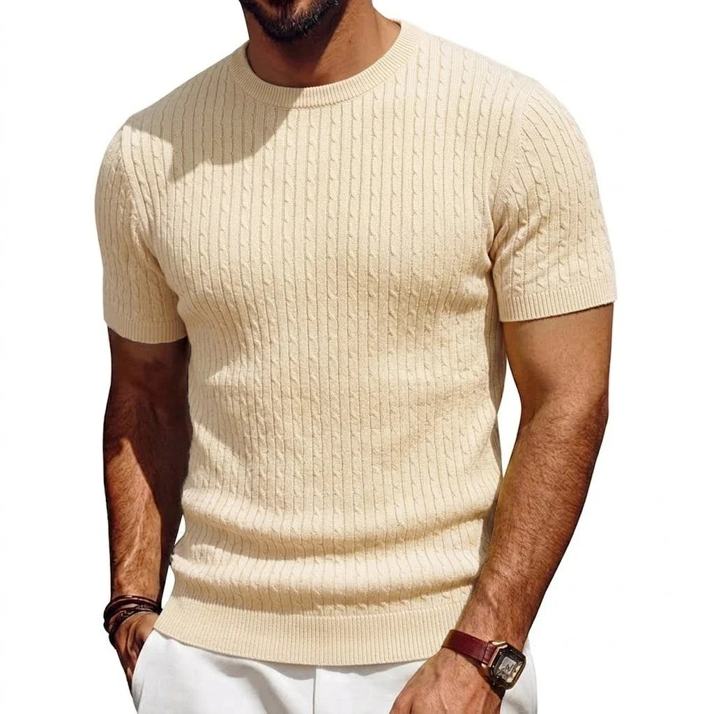 Herren Kurzarm Pullover Rundhals Strick mit Zopfmuster Marineblau
