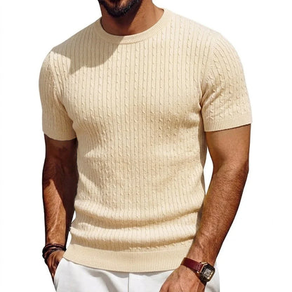Herren Kurzarm Pullover Rundhals Strick mit Zopfmuster Marineblau