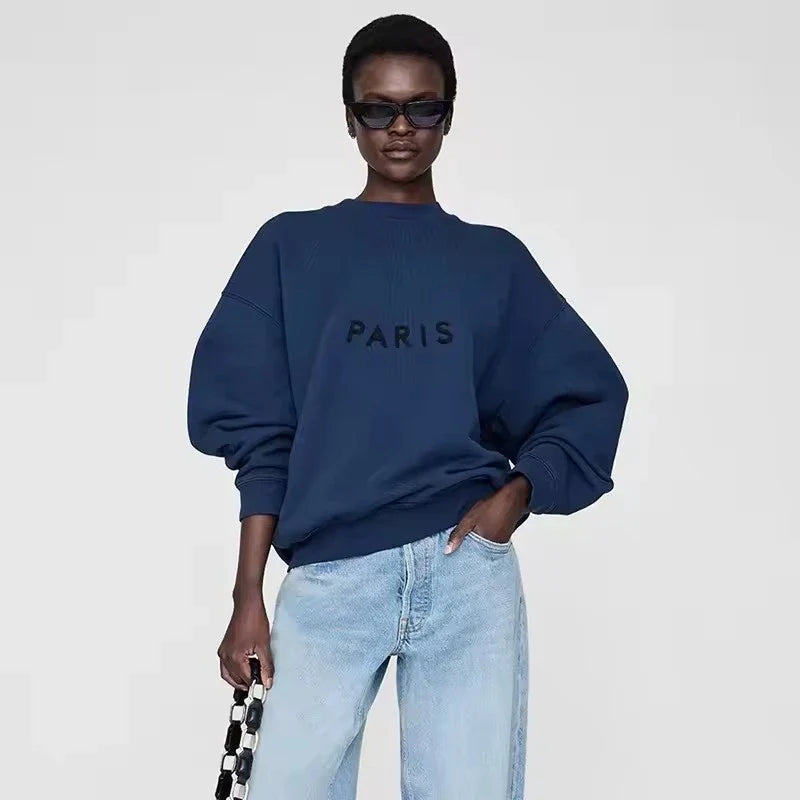 Damen Oversize Sweatshirt Rundhals Grau mit „PARIS“-Schriftzug