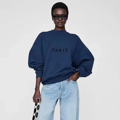 Damen Oversize Sweatshirt Rundhals Grau mit „PARIS“-Schriftzug