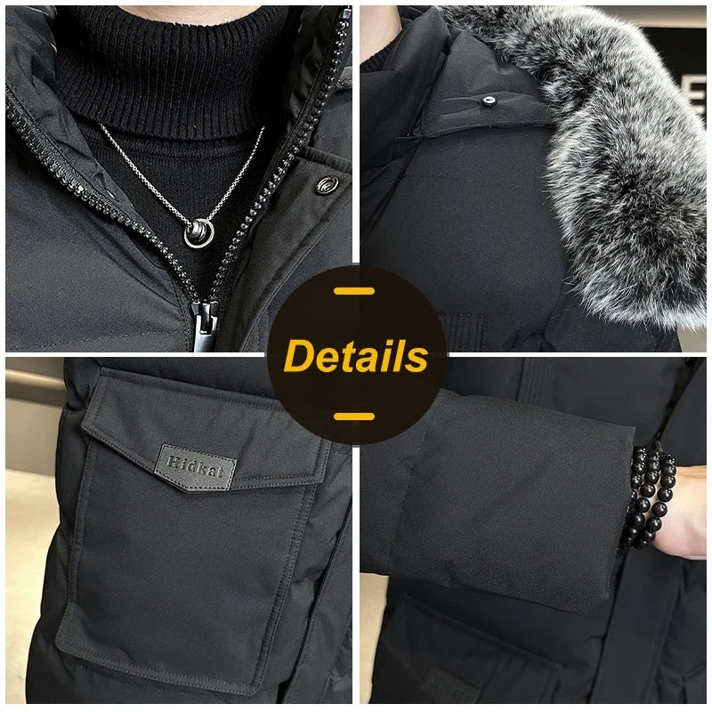 Herren Winterparka mit Kapuze und Kunstfellbesatz, Steppjacke in Marineblau, Schwarz, Grün