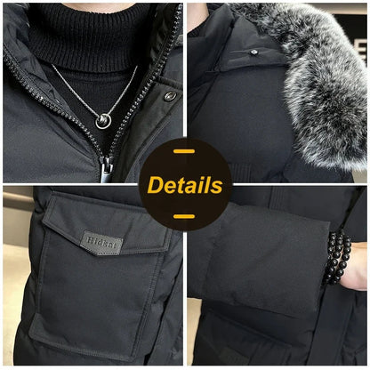 Herren Winterparka mit Kapuze und Kunstfellbesatz, Steppjacke in Marineblau, Schwarz, Grün
