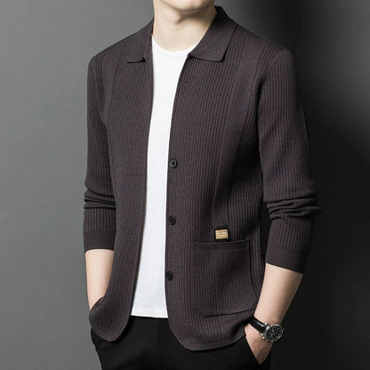 Herren Cardigan Strickjacke gerippt Reverskragen Beige