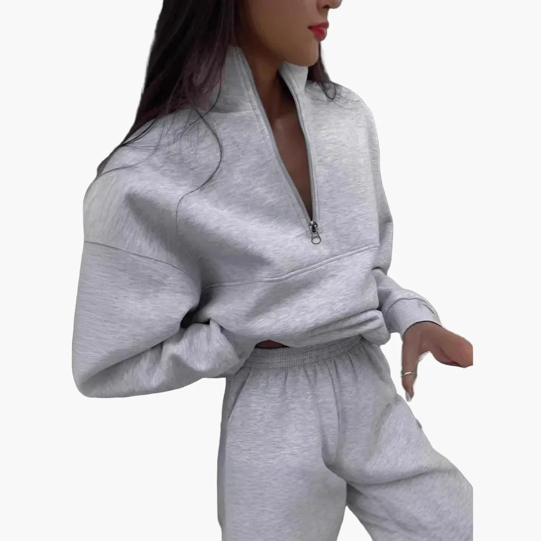 Damen Freizeit Zweiteiler Set – Bequemer Pullover mit Reißverschluss und Jogginghose, Lässiger Streetwear-Look für Alltag und Freizeit