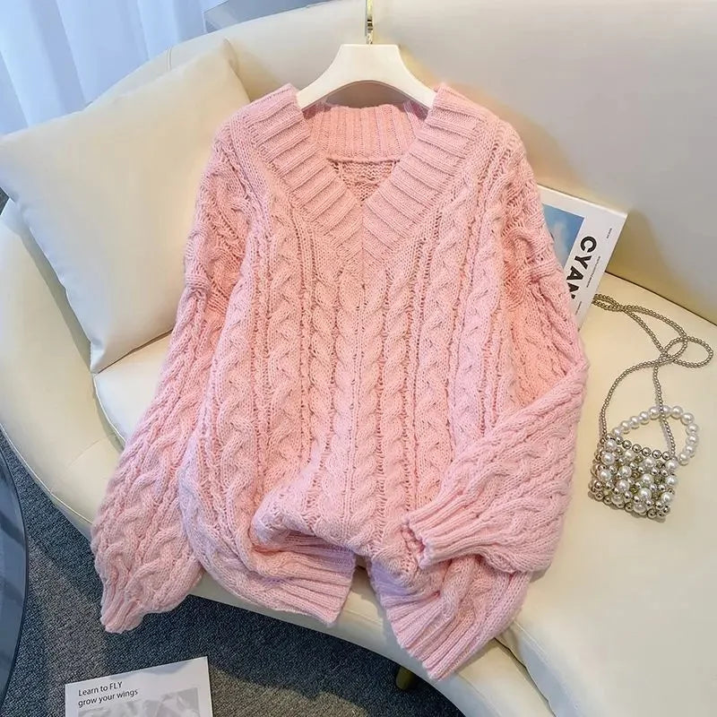 Damen Grobstrick Pullover mit Zopfmuster und V-Ausschnitt – Winter Must-Have, Lässiger Stil, Ideal für Alltag und Layering