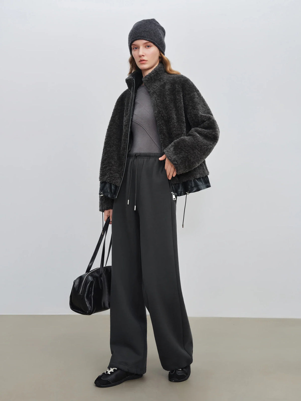 Damen Stehkragen Jacke Dunkelgrau mit Reißverschluss und Saumdetails