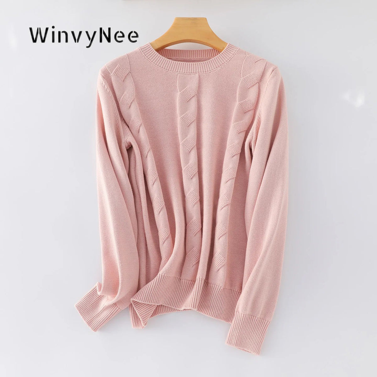 Damen Strickpullover Rundhals mit Zopfmuster Rosa