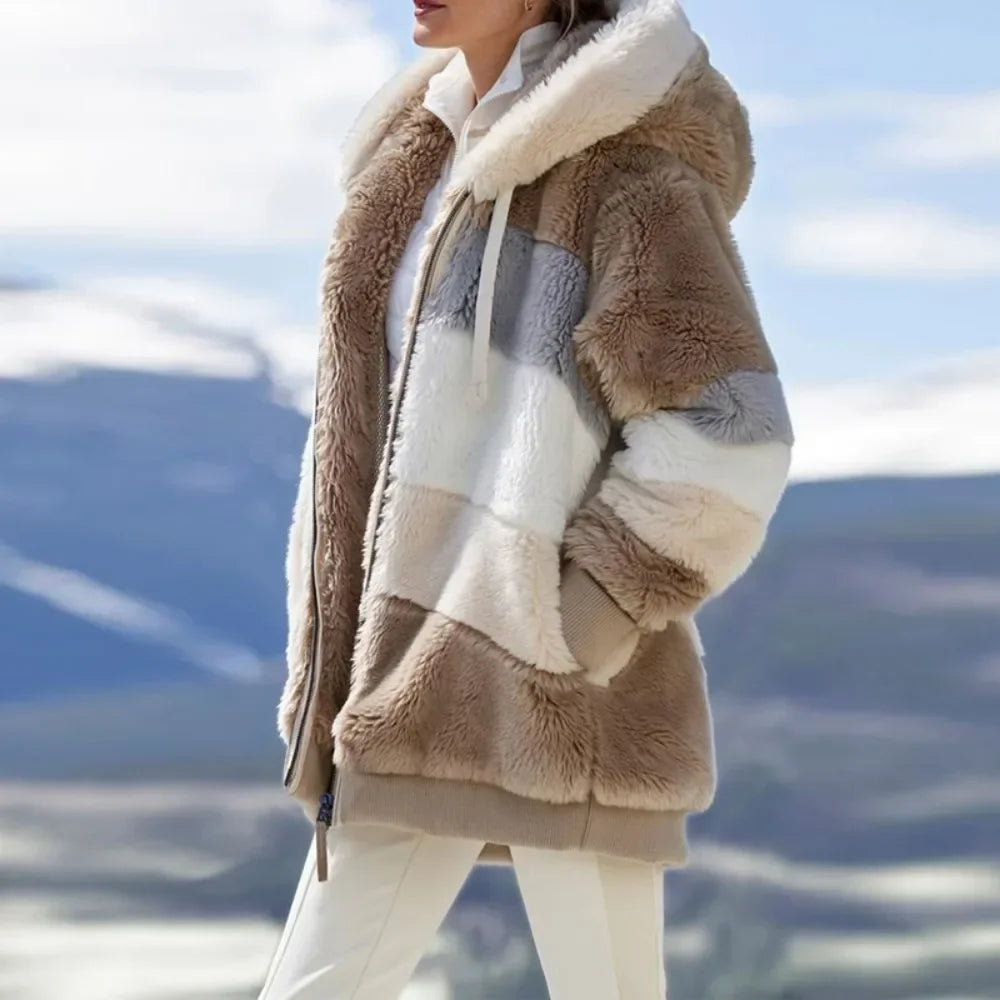 Damen Teddyfell Jacke mit Kapuze Reißverschluss Mehrfarbig Blockstreifen Winter