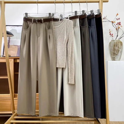 Damen Stoffhose Weites Bein mit Gürtel – Elegante Plissee Hose Hochbund