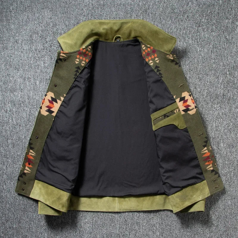 Herren Jacke im Western-Stil mit geometrischem Muster, Umlegekragen und Taschen