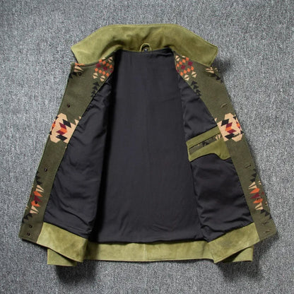 Herren Jacke im Western-Stil mit geometrischem Muster, Umlegekragen und Taschen